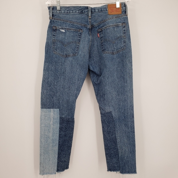 Levis women US 28 x 27 multicolor blue jeans 501 button fly patchwork raw hem - Picture 4 of 15